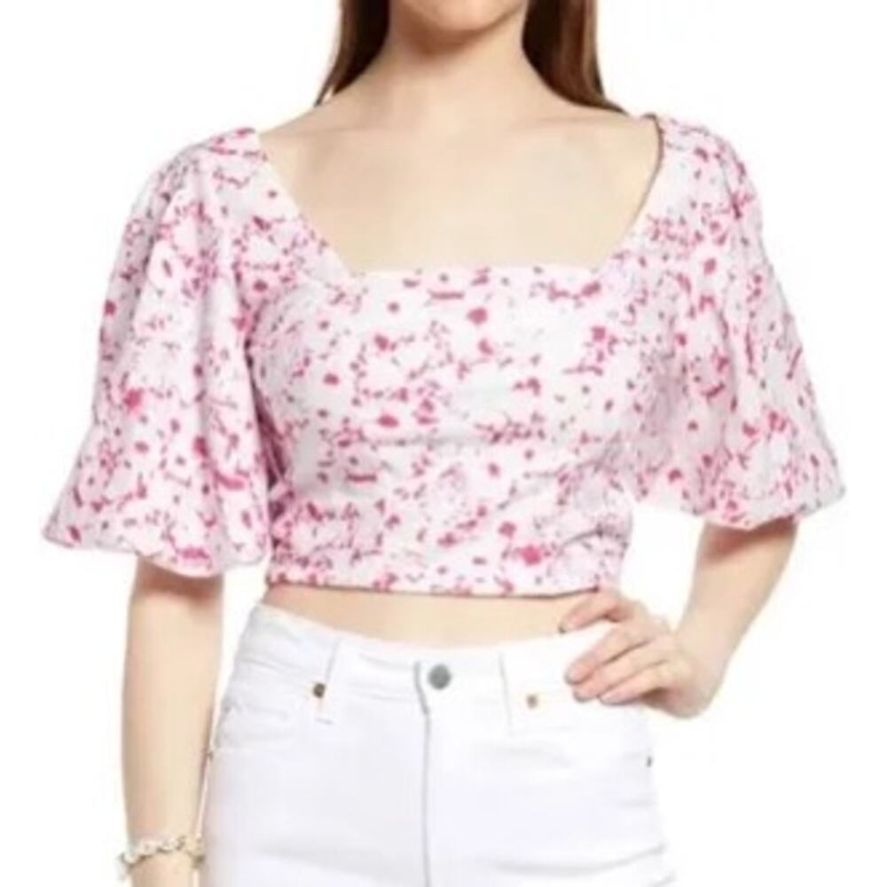Open Edit Women's Cropped White and Pink Floral Puff Sleeve‎ Ruched Back Top L